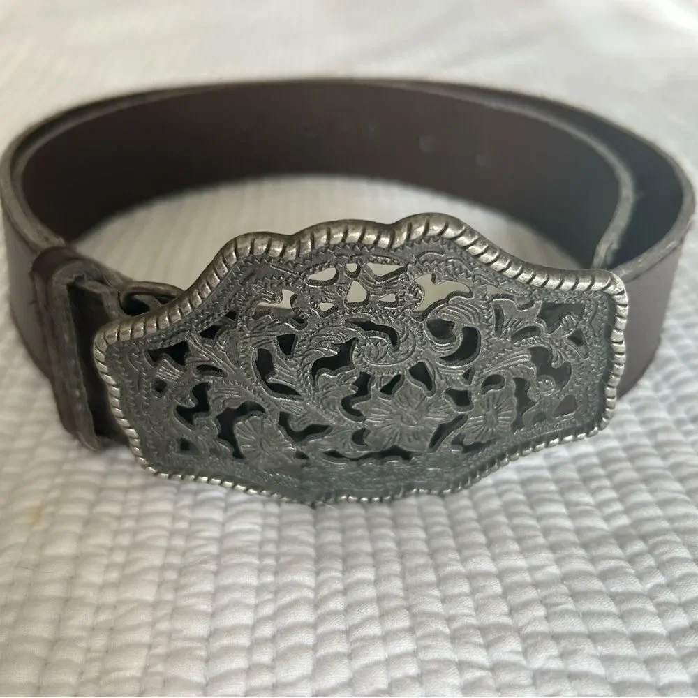 Women’s Brown Southwestern Silver Buckle Statement Belt Festival Size 39 inches
